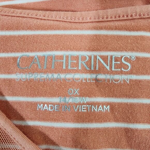 Catherines Women T Shirt 0X Striped Suprema Collection Peach V Neck Short Sleeve - Picture 8 of 11